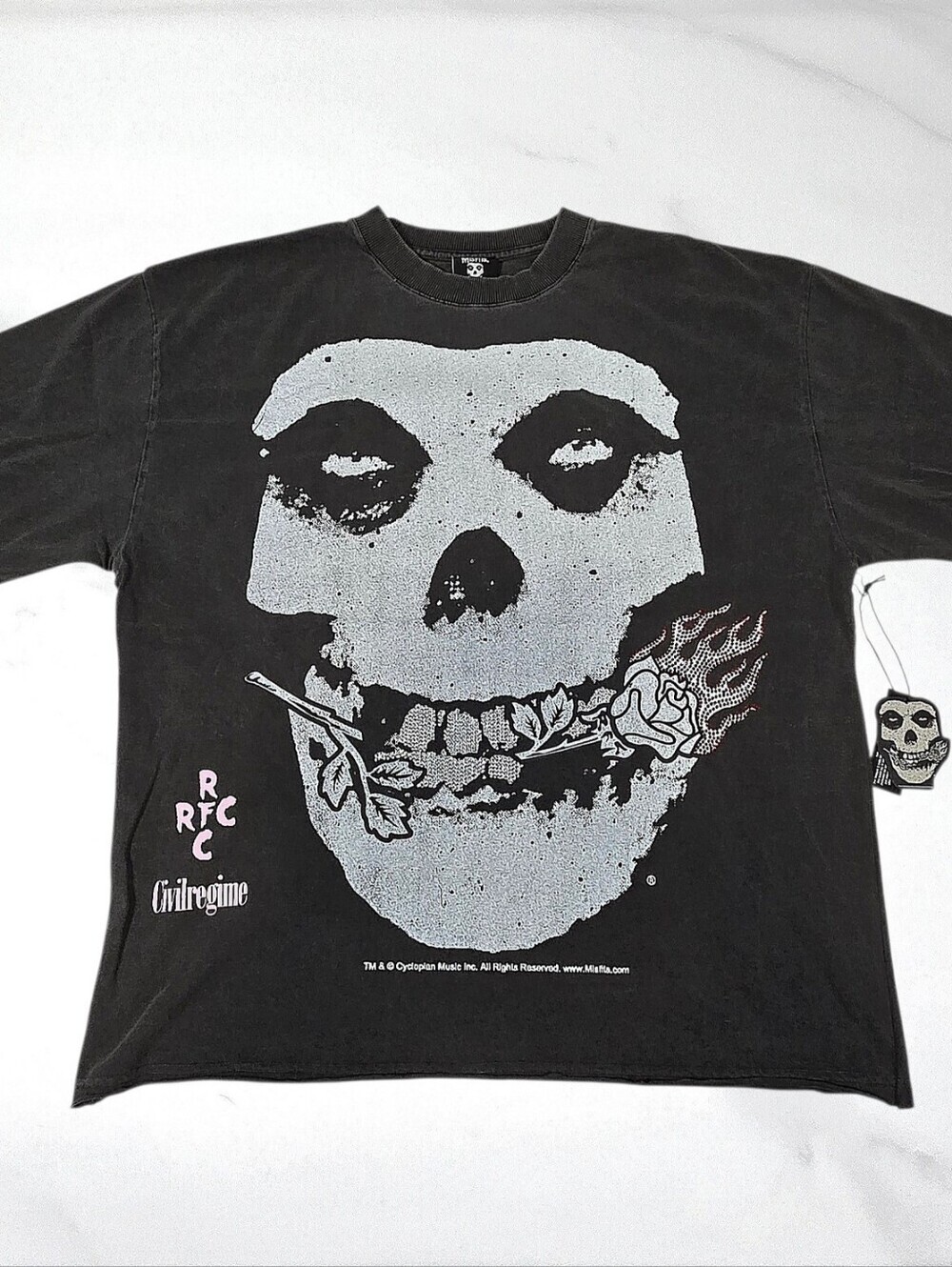 Civil Regime Mistfits Pink Rhinestone Rose Fiend Flicker Dungeon Tee • Large